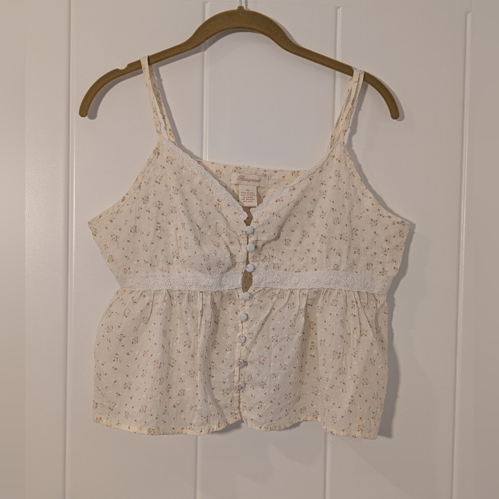 Floral Peplum Cami Top 100% Cotton Lace Cottage Coquette Prairie Festival Boho L